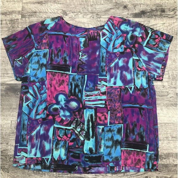 Impressions of California Tops - Vintage Impressions Womens Size L Blouse Chest 42” Short Sleeve Blue Purple A8